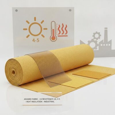 Tela de aramida de 150 cm de ancho con nivel de resistencia a los rayos UV de 4 a 5, perfecta para prendas de protección, aislamiento térmico e industriales.