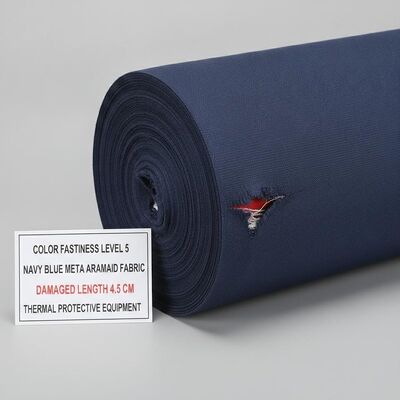 Nivel 5 de resistencia al color Tejido de meta-aramida azul de la marina que ofrece longitud dañada 4,5 cm Diseñado para equipos de protección térmica