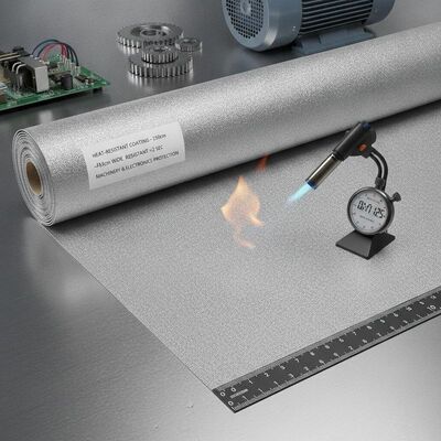 Revestimiento resistente al calor de 150 cm de ancho con resistencia al fuego inferior a 2 segundos, perfecto para protección de maquinaria y electrónica.