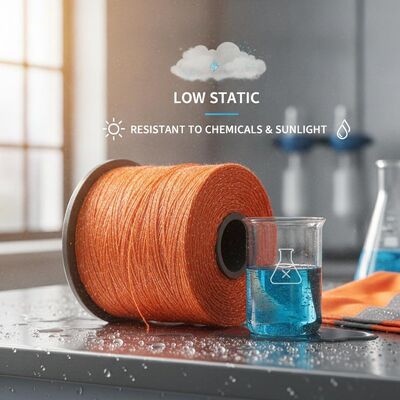 Resistente a los productos químicos y a la luz solar. Hilo sintético modacrílico que ofrece baja acumulación de estática. Diseñado para prendas de seguridad y de protección.